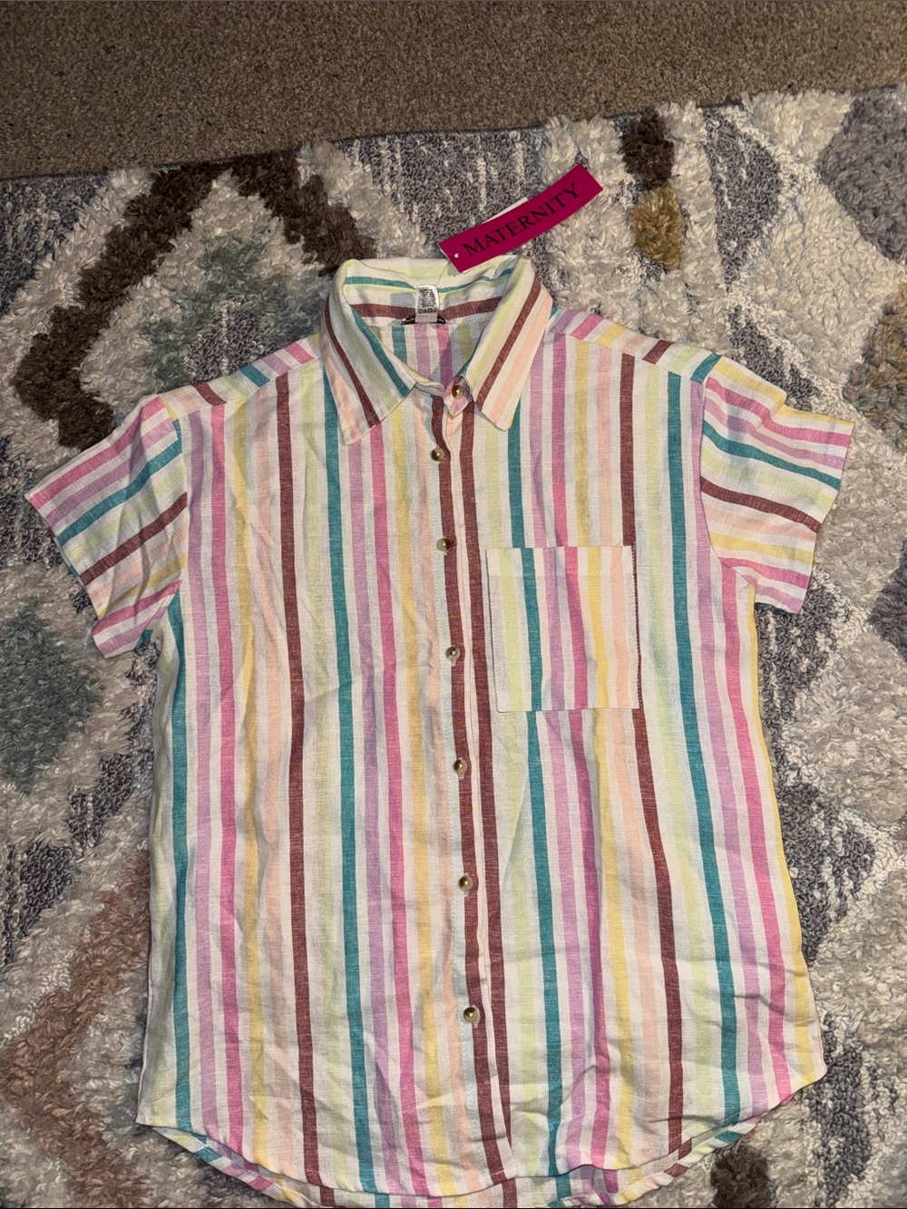 Times Two Striped Multicolor Short-Sleeve Button-Up Shirt - Maternity